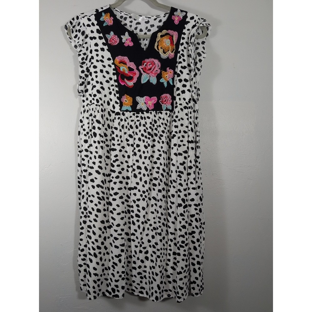 Kirundo Boho Embroidered Floral Leopard Ruffled Cap Sleeve Soft Dress Size M